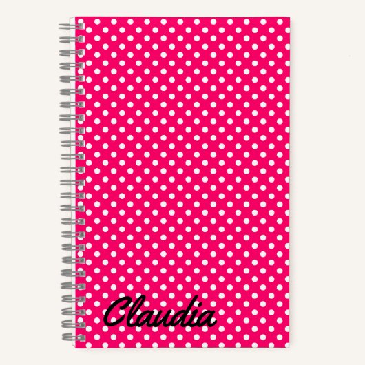 Hot Pink White Polka Dots Name Power Bank Notitieboek (Voorkant)