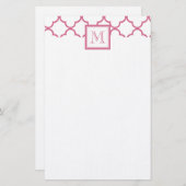 Hot Pink White Quatrefoil | Uw monogram Briefpapier (Voorkant / Achterkant)
