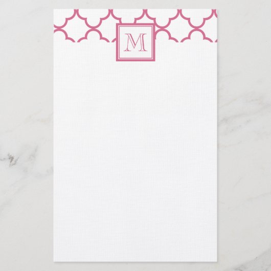 Hot Pink White Quatrefoil | Uw monogram Briefpapier (Voorkant)