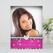 Hot Pink White Quinceanera 15 Diamond Afbeelding F Kaart (Staand voorkant)