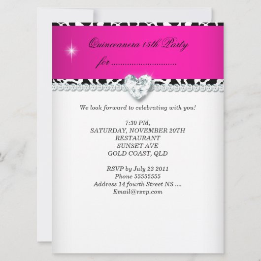 Hot Pink White Quinceanera 15 Diamond Afbeelding F Kaart (Achterkant)