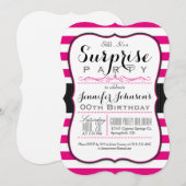 Hot Pink & White Stripes Surprise Party Kaart (Voorkant / Achterkant)