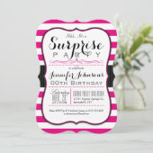 Hot Pink & White Stripes Surprise Party Kaart (Staand voorkant)