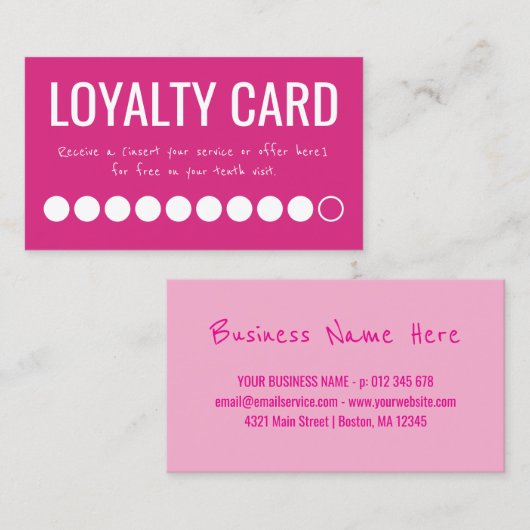 Hot Pink White Ten Visits Loyalty Punch Card (Voorkant / Achterkant)
