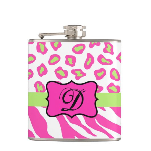 Hot Pink White Zebra Leopard Skin Monogram Initiaa Heupfles (Voorkant)