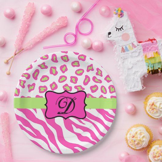 Hot Pink White zebra Leopard Skin Monogram Initiaa Papieren Bordje (Feest)