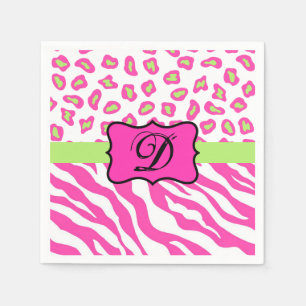 Hot Pink White Zebra Leopard Skin Monogram Initiaa Servet