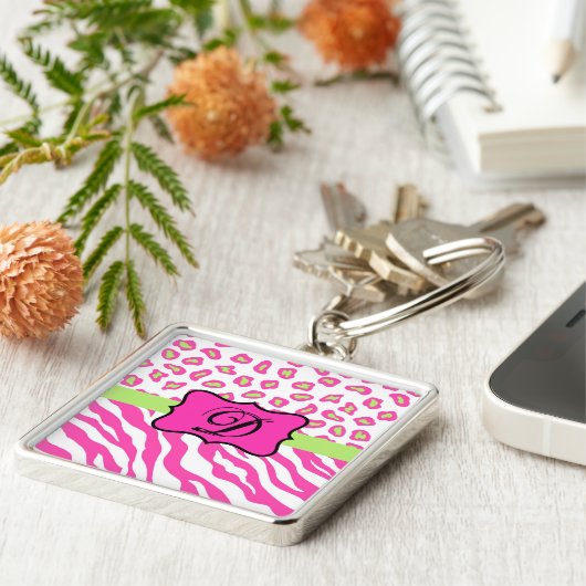 Hot Pink White zebra Leopard Skin Monogram Initiaa Sleutelhanger (Zijkant)