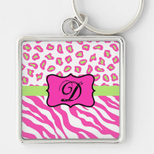 Hot Pink White zebra Leopard Skin Monogram Initiaa Sleutelhanger
