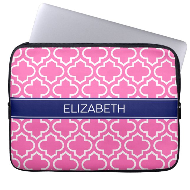 Hot PInk WhMarokkaans #6 Navy Blue Name Monogram Laptop Sleeve (Voorkant)