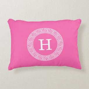 Hot Pink WHT Greek Key RND Lijst Initiaal monogram Decoratief Kussen