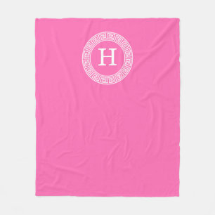 Hot Pink WHT Greek Key RND Lijst Initiaal monogram Fleece Deken