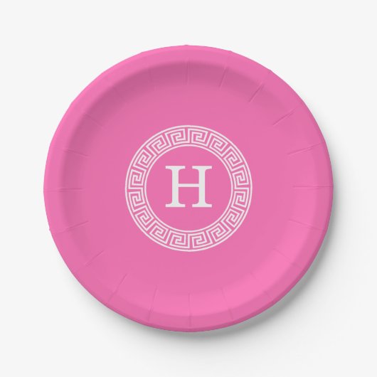 Hot Pink WHT Greek Key RND Lijst Initiaal monogram Papieren Bordje (Voorkant)