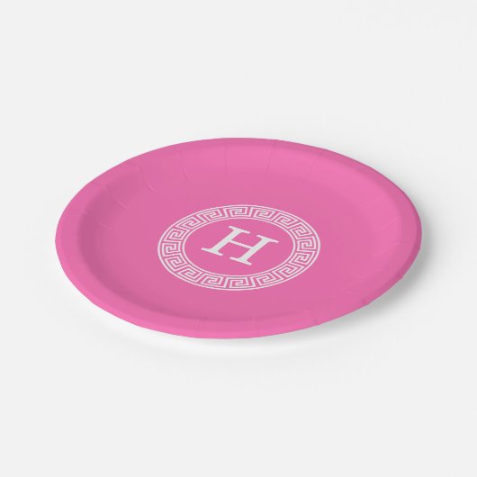 Hot Pink WHT Greek Key RND Lijst Initiaal monogram Papieren Bordje (Gekanteld)