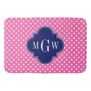 Hot Pink Wht Polka Dots Navy Quatrefoil 3 Monogram Badmat