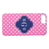 Hot Pink Wht Polka Dots Navy Quatrefoil 3 Monogram Case-Mate iPhone Case (Achterkant (Horizontaal))