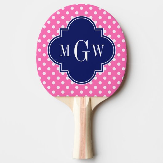 Hot Pink Wht Polka Dots Navy Quatrefoil 3 Monogram Tafeltennisbatje (Voorkant)