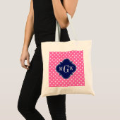 Hot Pink Wht Polka Dots Navy Quatrefoil 3 Monogram Tote Bag (Voorkant (product))