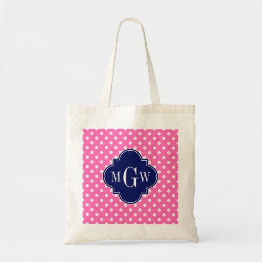 Hot Pink Wht Polka Dots Navy Quatrefoil 3 Monogram Tote Bag (Voorkant)