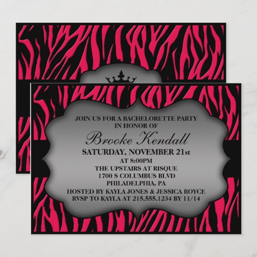 Hot Pink Wild Night Zebra Print Bachelorette Party Kaart (Voorkant / Achterkant)