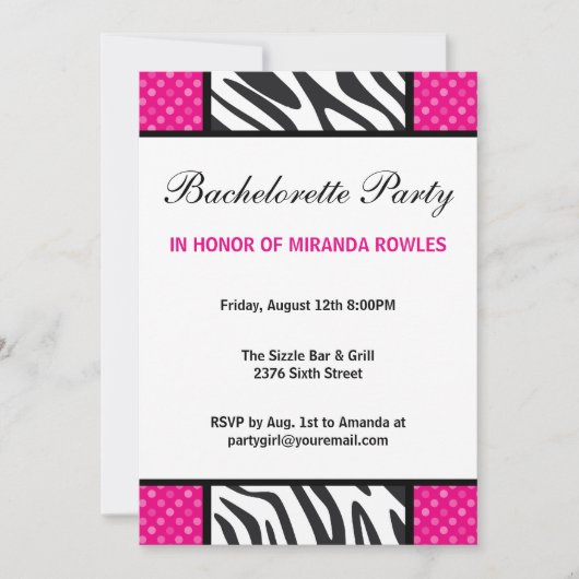 Hot Pink Wild Zebra Bachelorette Party Kaart (Voorkant)
