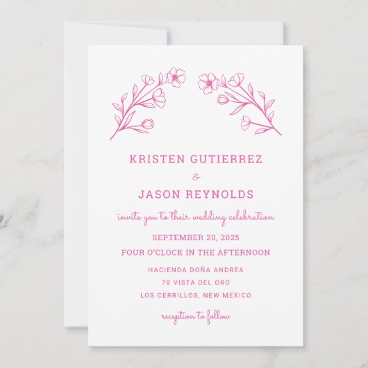 Hot Pink Wildflower bruiloft uitnodiging (Voorkant)
