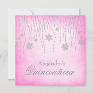 Hot Pink Winter Wonderland Snowflakes Quinceanera Kaart