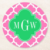 Hot Pink Wt Moroccan #5 Emerald 3 Initiaal Monogra Ronde Kartonnen Onderzetter (Voorkant)