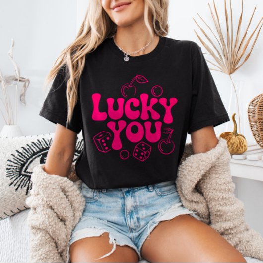 Hot Pink y2k Cherries and Dice Trendy Lucky You T-shirt