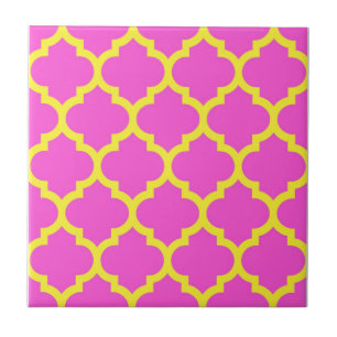 Hot Pink Yellow Moroccan Quatrefoil Pattern #5 Tegeltje