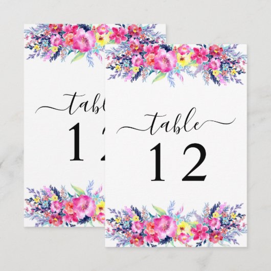 Hot Pink & Yellow Spring Floral Table Number Kaart (Voorkant / Achterkant)