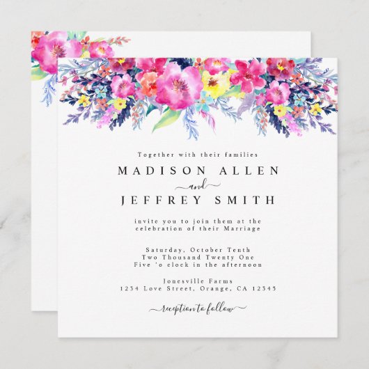Hot Pink & Yellow Spring Floral Weddenschap Aankondiging (Voorkant / Achterkant)