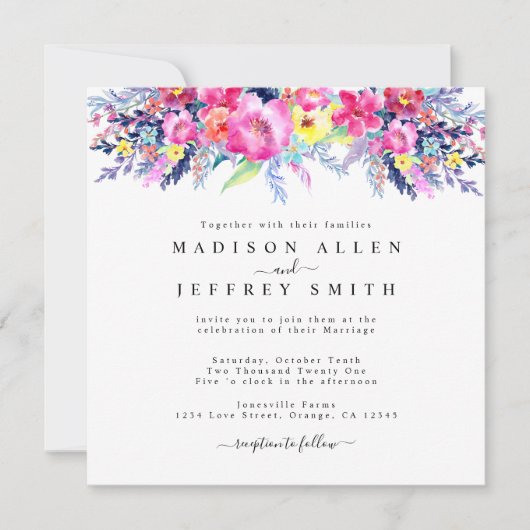 Hot Pink & Yellow Spring Floral Weddenschap Aankondiging (Voorkant)