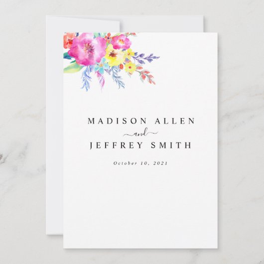 Hot Pink & Yellow Spring Floral Weddenschap Aankondiging (Achterkant)