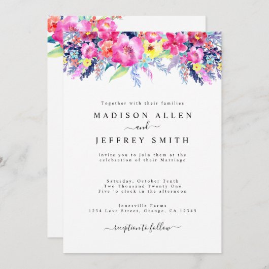 Hot Pink & Yellow Spring Floral Weddenschap Aankondiging (Voorkant / Achterkant)