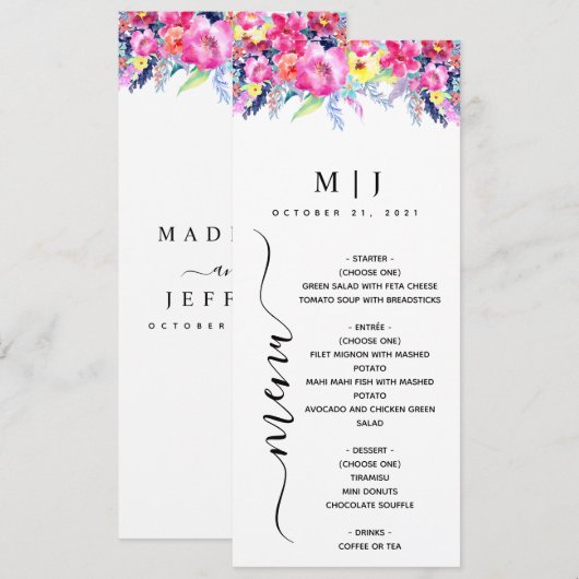 Hot Pink & Yellow Spring Floral Wedding Menu (Voorkant / Achterkant)