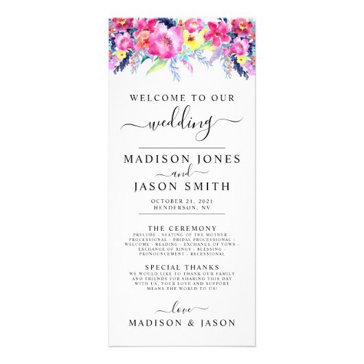 Hot Pink & Yellow Spring Floral Wedding Programme Reclamekaart (Voorkant)