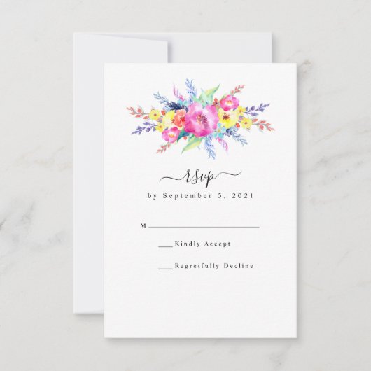 Hot Pink & Yellow Spring Floral Wedding RSVP Kaartje (Voorkant)