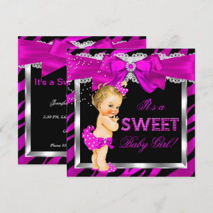 Hot Pink Zebra Baby shower Girl Blonde Baby Kaart