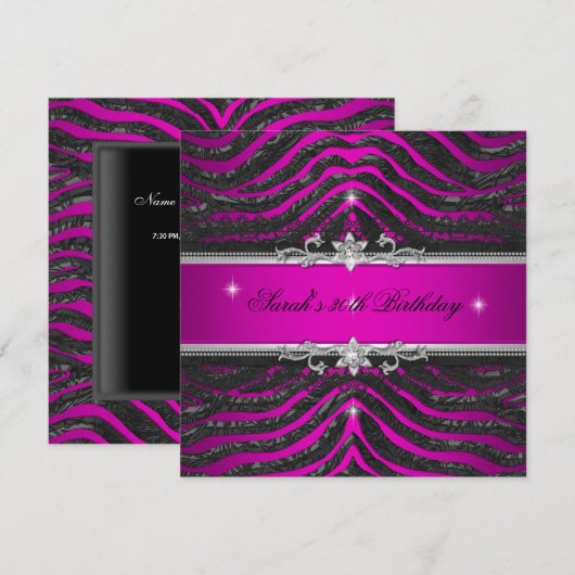 Hot Pink Zebra Black Silver 30th Birthday Party Kaart (Voorkant / Achterkant)