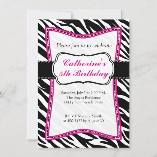 'Hot Pink Zebra Child's Birthday'-uitnodiging. Kaart (Voorkant)