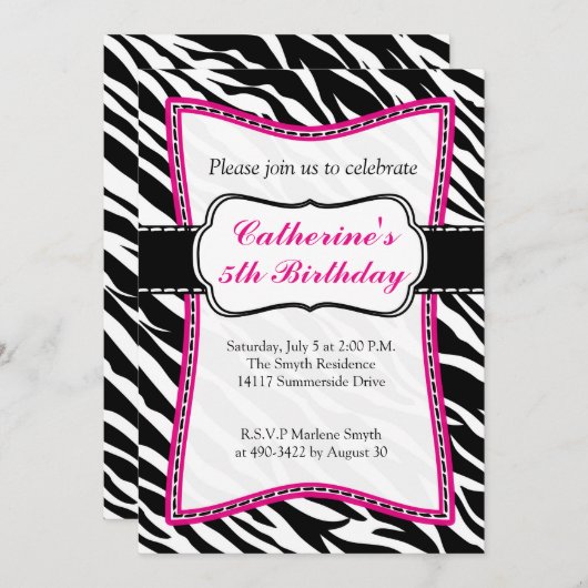 'Hot Pink Zebra Child's Birthday'-uitnodiging. Kaart (Voorkant / Achterkant)