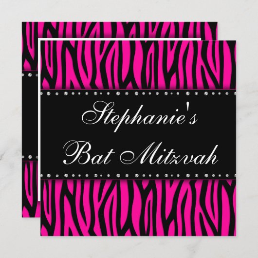 Hot Pink Zebra Diamonds Bat Mitzvah Kaart (Voorkant / Achterkant)