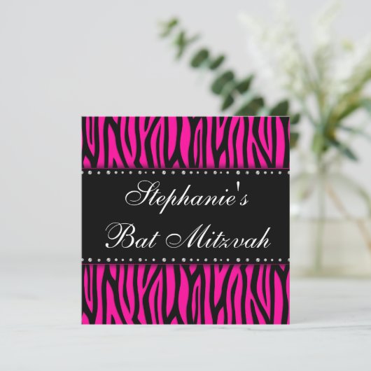 Hot Pink Zebra Diamonds Bat Mitzvah Kaart (Staand voorkant)