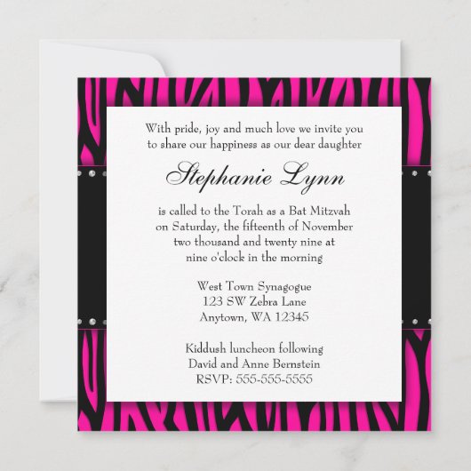 Hot Pink Zebra Diamonds Bat Mitzvah Kaart (Achterkant)