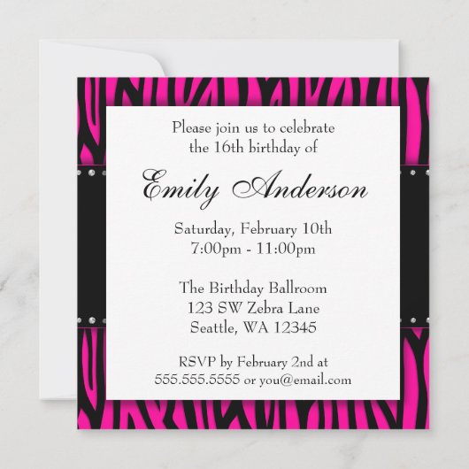 Hot Pink Zebra Diamonds Sweet 16 Birthday Kaart (Achterkant)