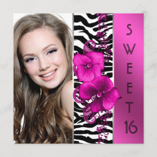 Hot Pink Zebra Foto Sweet 16 Birthday Party Kaart