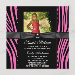 Hot Pink Zebra Foto Sweet 16 Party Kaart