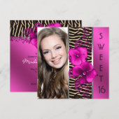 Hot Pink Zebra Foto Sweet 16 Verjaardagsfeest Kaart (Voorkant / Achterkant)