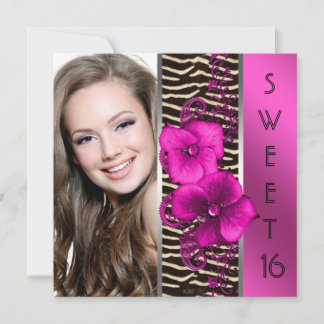 Hot Pink Zebra Foto Sweet 16 Verjaardagsfeest Kaart